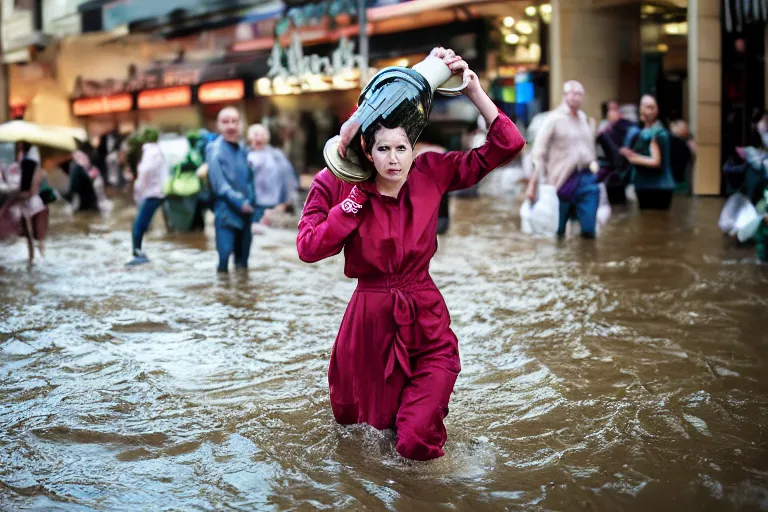 Image similar to closeup portrait of a woman carrying bottles of wine over her head in a flood in Rundle Mall in Adelaide in South Australia, photograph, natural light, sharp, detailed face, magazine, press, photo, Steve McCurry, David Lazar, Canon, Nikon, focus