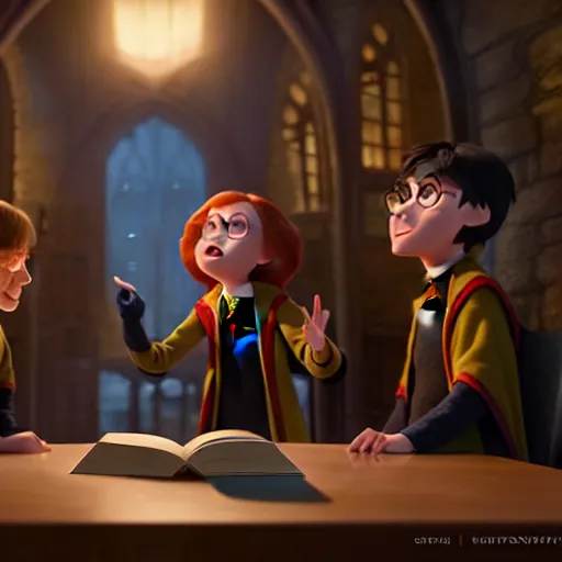 Image similar to a wholesome animation key shot of harry potter students, pixar and disney animation, sharp, very detailed, high resolution, rendered in unreal engine 5, key art by greg rutkowski, bloom, dramatic lighting