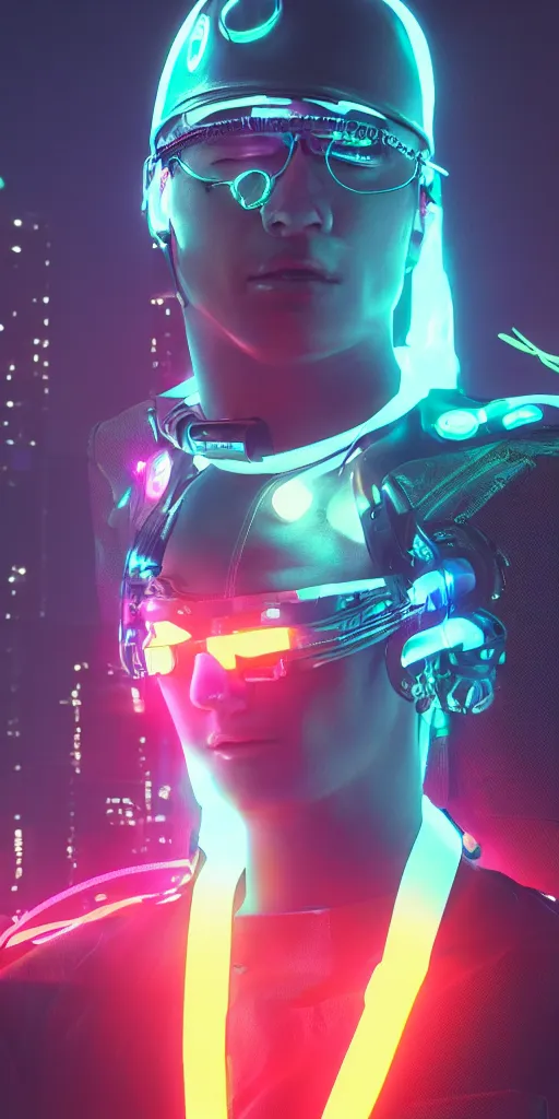 Image similar to cyberpunk neon man with visor ultrarealism