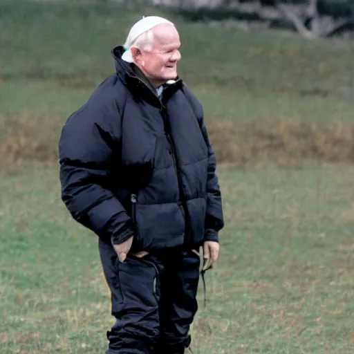 Image similar to john paul ii posing in a black puffed nuptse, black cargo pants and high black boots, press paparazzi photograph