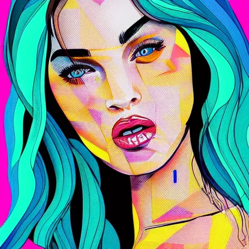 Prompt: megan fox colorful portrait by arunas kacinskas and mallory heyer, with colorful geometrical shapes and lines and small detailes, graphic design, flat color and line, sketch, minimalistic, procreate, digital illustration, vector illustration, doodle, pop, graphic, street art, editorial