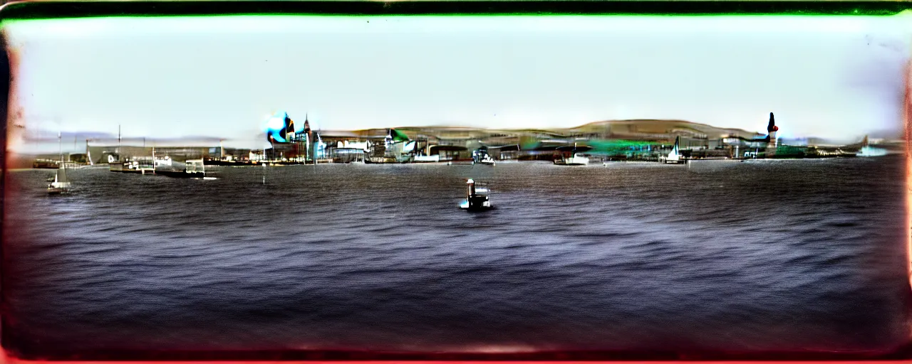 Image similar to a tintype photograph of the harbour at Stromness orkney