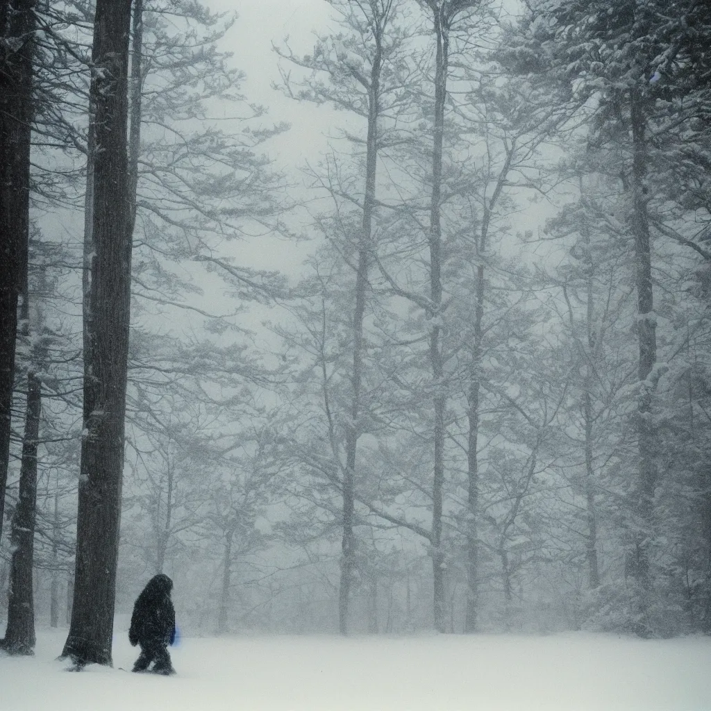 Image similar to photo, bigfoot is hiding in the background. cold color temperature, snow storm. hazy atmosphere. humidity haze. kodak ektachrome, greenish expired film, award winning, low contrast