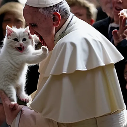 Prompt: the pope screaming at a kitten