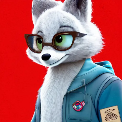 Image similar to upper half portrait, of a anthropomorphic female snow fox, with short fur covering her body and silver eyes, wearing a denim jacket, in the style of zootopia, far shot,