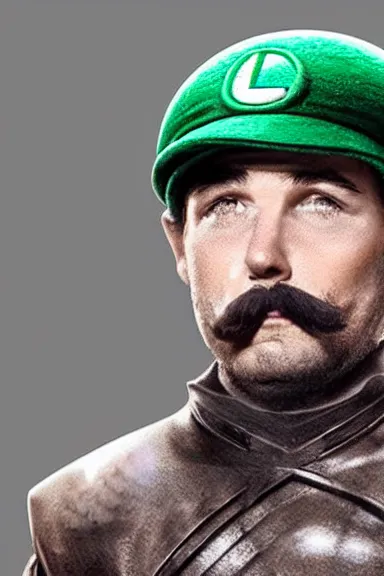 Image similar to very very intricate photorealistic photo of a realistic human version of luigi wearing his hat in an episode of game of thrones, photo is in focus with detailed atmospheric lighting, award - winning details