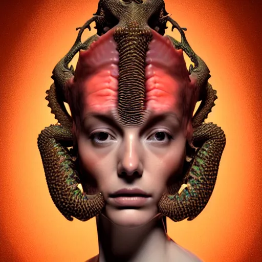 Image similar to high quality photo of a young beautiful female queen-coral-dragon-cyborg bust with a very long neck and Mandelbrot fractal face, Mandelbrot fractal skin, flesh, anatomical, facial muscles, veins, arteries, elegant, highly detailed, flesh highly baroque ornate, hair are wired cables, elegant, high fashion, rim light, octane render, in the style of Lindsay Adler, Realistic, Refined, Digital Art, Highly Detailed, Cinematic Lighting, rim light, black and white, photo-realistic, 8K