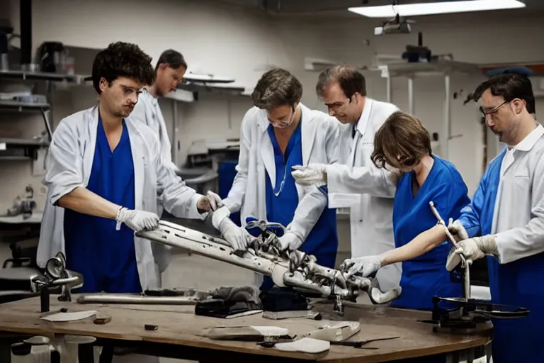 Image similar to orthopedic instrument makers in a workshop, cinematic atmospheric masterpiece