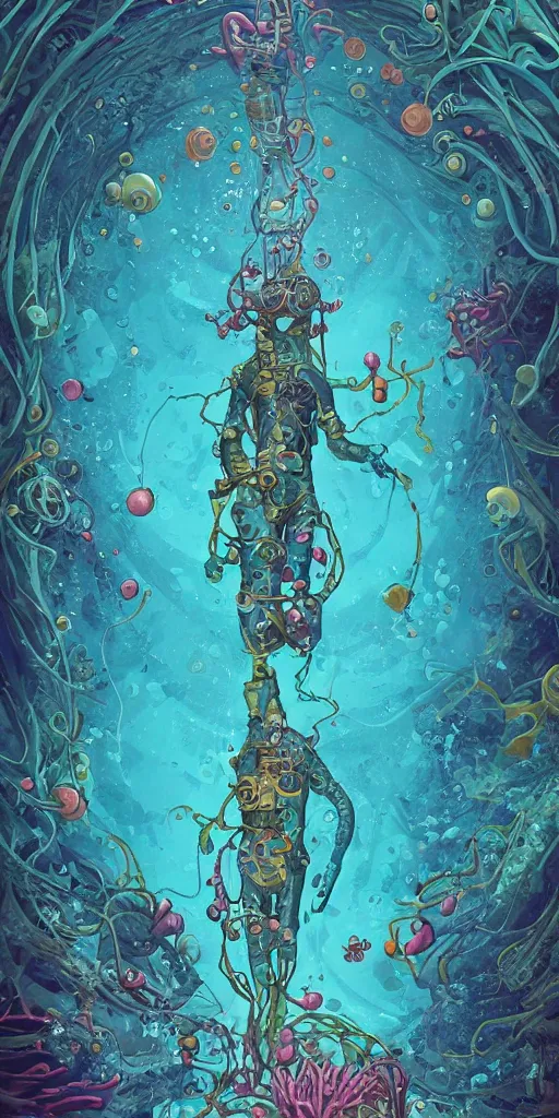 Image similar to a picture of mysterious colourful underwater sea life, being discovered by a man in a steampunk diving suit. water is deep aquamarine coloured. poster art by james jean, concept art, behance contest winner, very detailed, award - winning. lovecraftian, cosmic horror, bioluminescence.