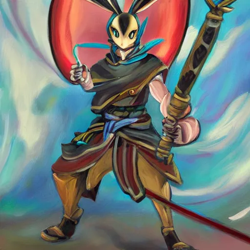 Prompt: rabbit swordsman, brush strokes, oil painting, yugioh art style