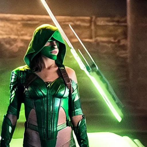 Image similar to film still of willa holland as green arrow in the 2 0 1 7 film justice league, minimal bodycon feminine costume, dramatic cinematic lighting, inspirational tone, suspenseful tone, promotional art