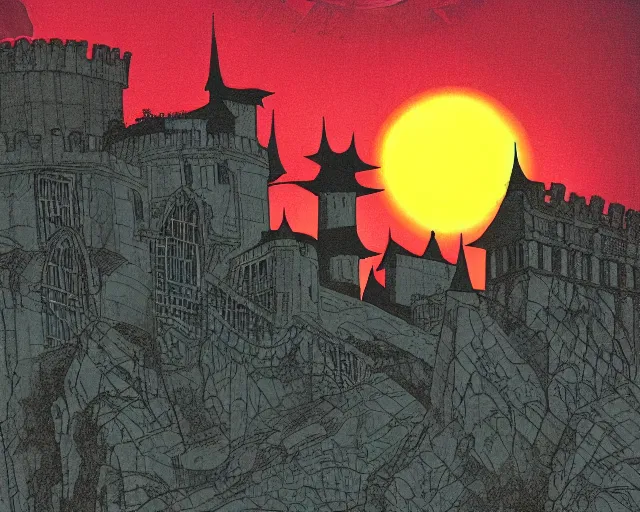 Prompt: dracula's castle rising up from the mist at night silhouetted by a single huge bloodmoon by arthur adams and moebius and chip zdarsky, stunning, comic, pen and ink, slash page, highly detailed