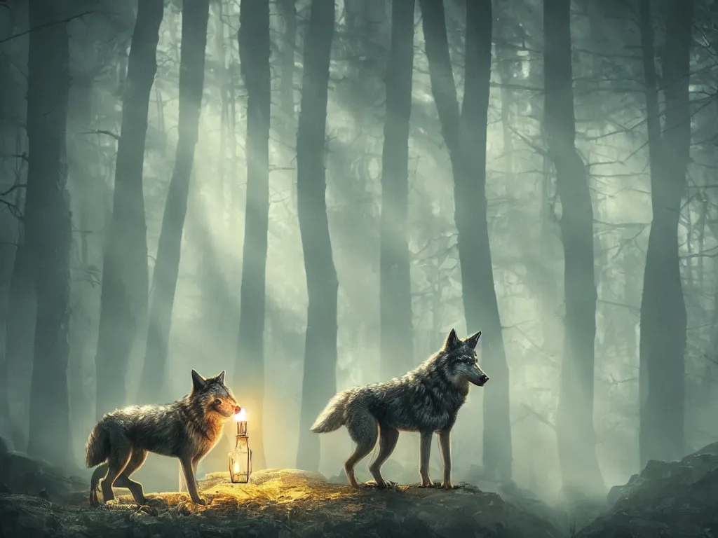 Image similar to a wolf with a lantern held on its mouth travelling through a dark, gloomy forest with stars around it, zaba style, cinematic, sunbeams, detailed, hq, trending on artstation, wide shot, dramatic lighting