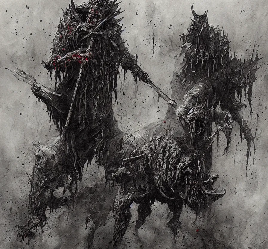 Prompt: estrange calligraphy, detailed, medieval, scary, demonic, jakub rozalski, high detail, dramatic, blood letter