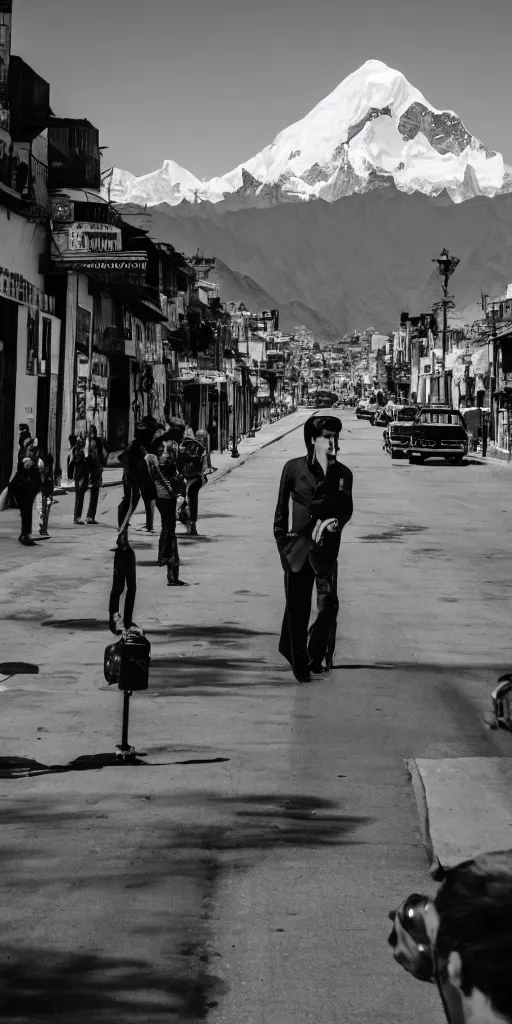 Prompt: a photography of elvis presley in the streets of la paz, with the illimani in the background, profesional photography, 1 4 mm, cinematic photography, high resolution, 4 k