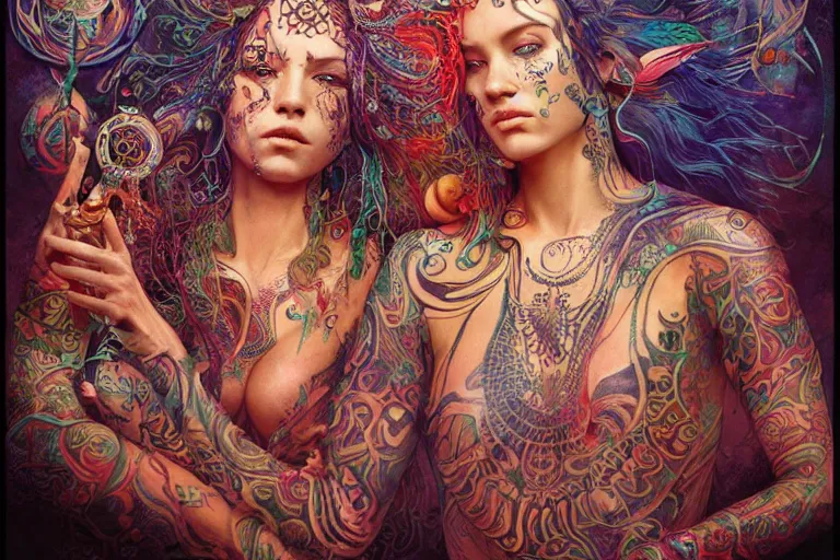 Image similar to a centered full body render of alluring festival hippies with tribal tattoos surrounded by a underwater ink pour and flowing liquid galium and sacred geometry, perfect face, powerful, cinematic, beautifully lit, by artgerm, by karol bak, by donato giancola, 3 d, trending on artstation, octane render, 8 k