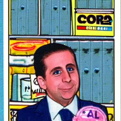 Image similar to michael scott garbage pail kid style trading card 1 9 8 7