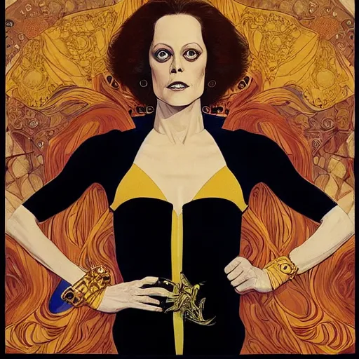 Image similar to portrait by joshua middleton of the young actress, sigourney weaver as ming the merciless, vamp, elegant, decadent, stylised comic art, klimt, mucha, 1 9 7 0 s poster,