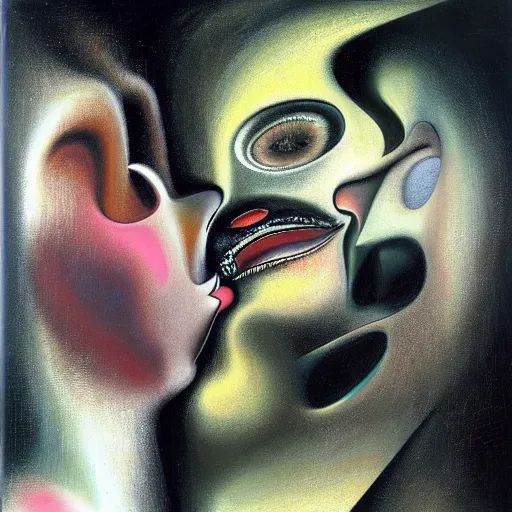 Prompt: Oil painting by Roberto Matta. Strange mechanical beings kissing. Close-up portrait by Lisa Yuskavage. Dali.