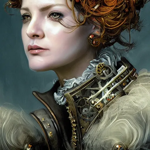 Image similar to portrait, headshot, insanely nice professional hair style, dramatic hair color, digital painting, of a old 17th century, old cyborg merchant, amber jewels, baroque, ornate clothing, scifi, realistic, hyperdetailed, chiaroscuro, concept art, art by Franz Hals and Jon Foster and Ayami Kojima and Amano and Karol Bak,