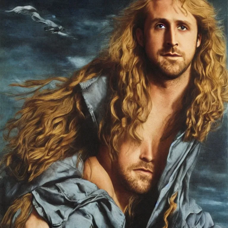 Image similar to Pre-Raphaelite portrait of Ryan Gosling as the leader of a cult 1980s heavy metal band standing on the hood of a muscle car, with very long blond hair and grey eyes, high saturation