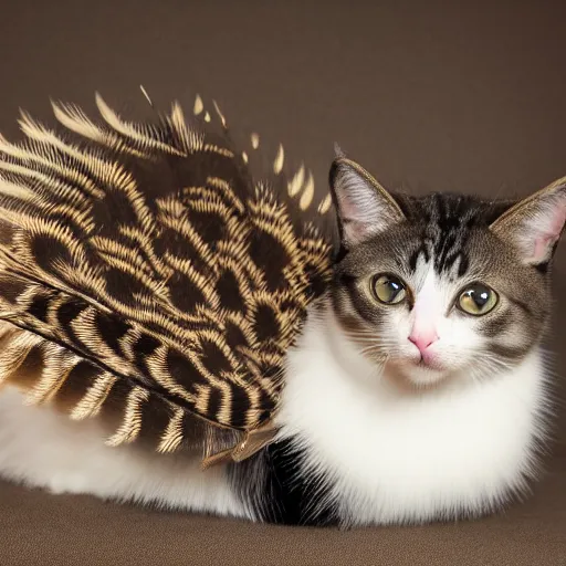 Image similar to A picture of a cute pet cat with pheasant feathers on the body, award winning, stunning, 8k