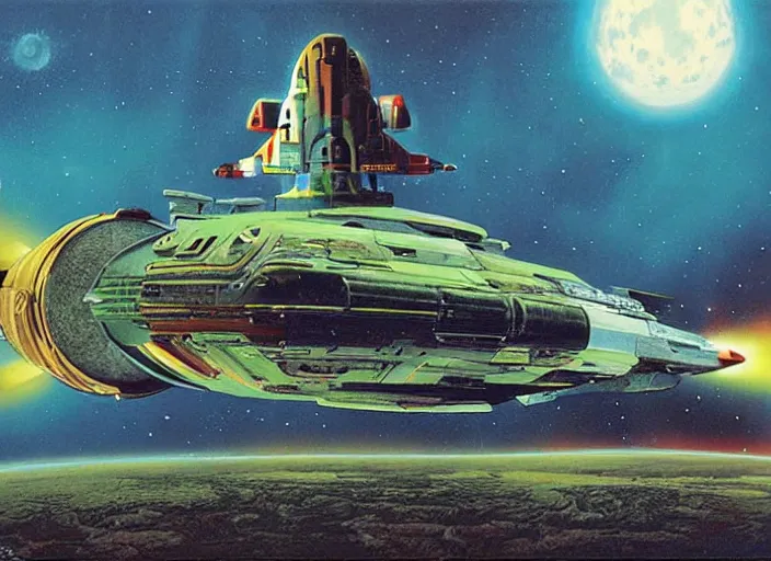 Image similar to brightly colored spaceship, cinematic matte painting, peter elson, chris foss