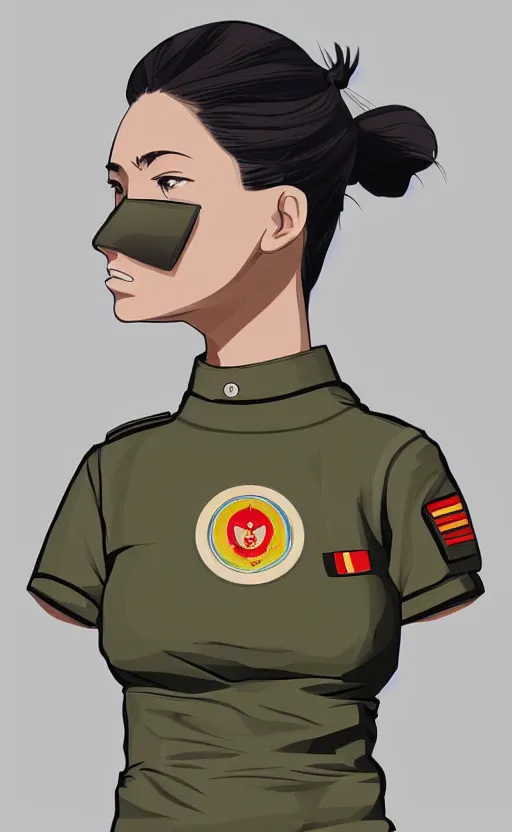 Prompt: T-shirt design, portrait of soldier girl, 2022 anime style, clean logo, graphic templates, flight squadron insignia, no text, soldier clothing, realistic military gear, inspired by shirt designer, made in blender, no background, vector line art, by ilya kuvshinov, trending on teemill, symbology, realistic human anatomy, high resolution, matte, empty hands, realistic military carrier
