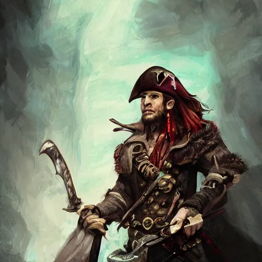 Image similar to Full body shot of pirate Captain wielding a sandstone rapier and sandstone dagger. Wearing a hat with an impressive feather and with a brutal scar across his neck. Dark magic, necromancy, dark lighting, flux. High fantasy, digital painting, HD, 4k, detailed by Ruan Jia