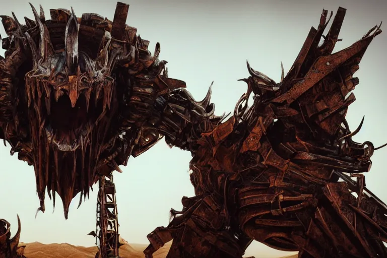 Prompt: looking up at a gigantic angry monster made of scrap metal standing tall in the desert, elden ring boss, realism, photo realistic, high quality, misty, hazy, ambient lighting, cinematic lighting, studio quality,