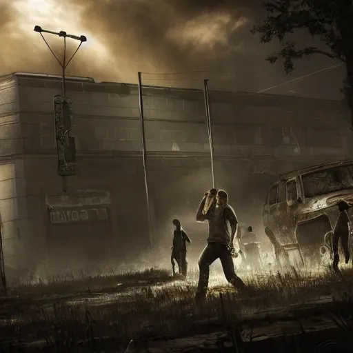 Image similar to a well lit apocalypse with zombies from the last of us, noir, highly detailed, hyperrealistic, artstyle