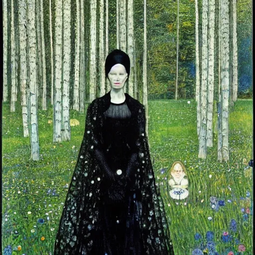 Prompt: Tilda Swinton with beautiful clear defined face and body as a gothic victorian woman clothed in black dress and veil standing in front of a lake near an ominous forest. Junji Ito, Gustav Klimt, Edvard Munch, shallow focus