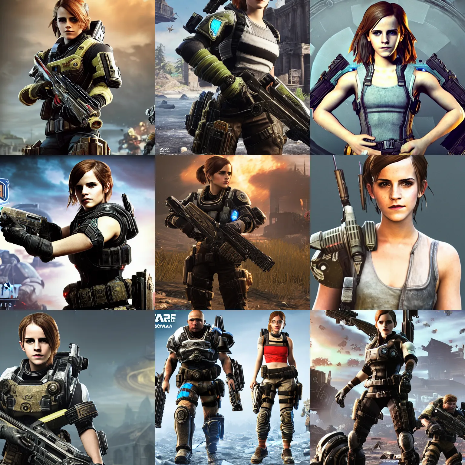 Prompt: emma watson in gears of war destiny 2 call of duty warframe pokemon mario spongebob fortnite ice cream animal crossing smash bros highly detailed, extremely high quality, hd, 4 k, 8 k, professional photographer, 4 0 mp, lifelike, top - rated, award winning, realistic, detailed lighting, detailed shadows, sharp, no blur, edited, corrected, trending