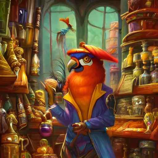 Image similar to Magic the gathering artwork of Anthropomorphized parrot shopkeeper in his fully stocked shop, shelves full, selling a gem, portrait, items, magic potions, carpet, window, fancy funny hat, sly expression , cunning expression, cute expression, presenting magic gem, D&D, fantasy, cinematic lighting, highly detailed, digital painting, artstation, concept art, smooth, sharp focus, illustration, warm light, cozy warm tint, magic the gathering artwork, volumetric lighting, 8k, no gold, no gold colours, art by Akihiko Yoshida and Greg Rutkowski