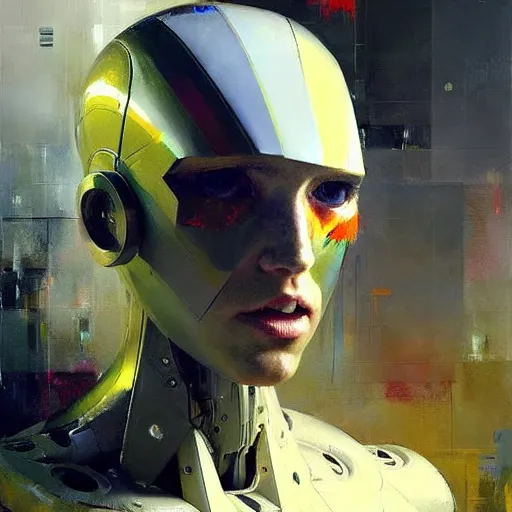 Image similar to a portrait of a concept robot with high tech armor, high detailed greg rutkowski painting, by adrian ghenie and gerhard richter. art by james gurney. masterpiece, deep colours.