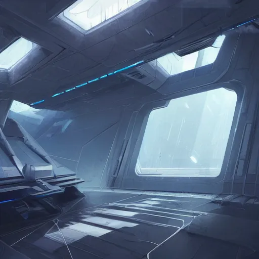 Image similar to scifi art by Greg Rutkowski, the ship's bridge deck, full of screens and holographic maps with a large window looking into space, functional and elegant look, but minimalist, and a bit dark and lonely, claustrophobic and futuristic environment, detailed and intricate environment, high technology, digital painting, artstation, concept art, smooth, sharp foccus ilustration, Artstation HQ.