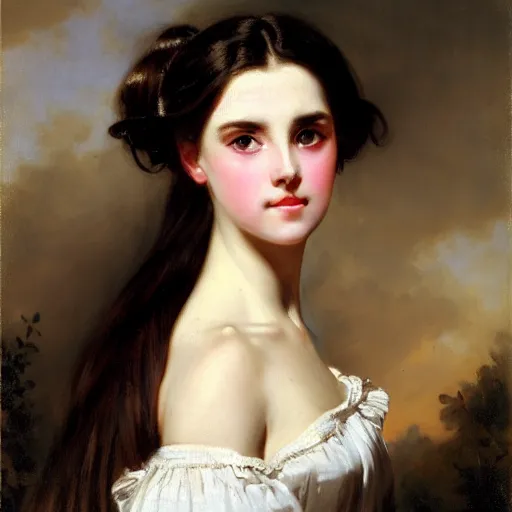 Image similar to beautiful portrait of a young woman with gentle eyes by franz xaver winterhalter, circa 1 8 6 3