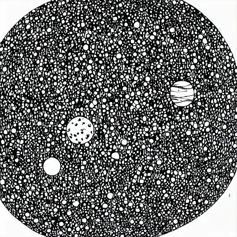 Image similar to a distant planet orbiting the sun, black and white, botanical illustration, black ink on white paper, bold lines