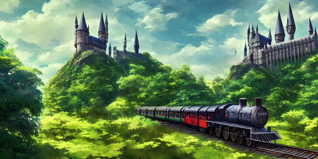 Image similar to A beautiful illustration of beautiful Hogwarts train, castle, leaves, trees, steam, magic, wide angle, by makoto shinkai, Wu daozi, very detailed, deviantart, 8k, wallpaper, tropical, colorful, airy, anime illustration, anime nature wallpap