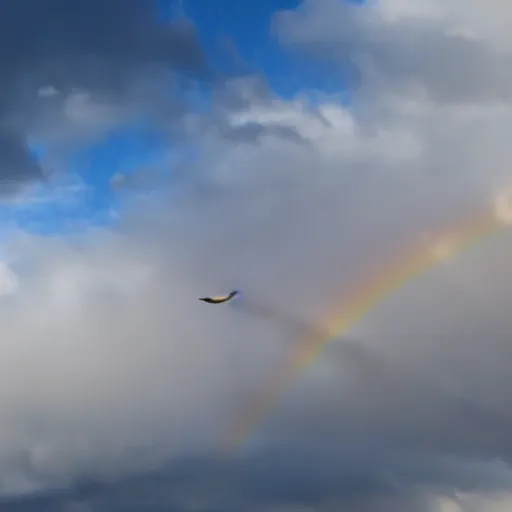 Image similar to a kiwi bird flying in the clouds, there is a rainbow behind it, detailed, 8k