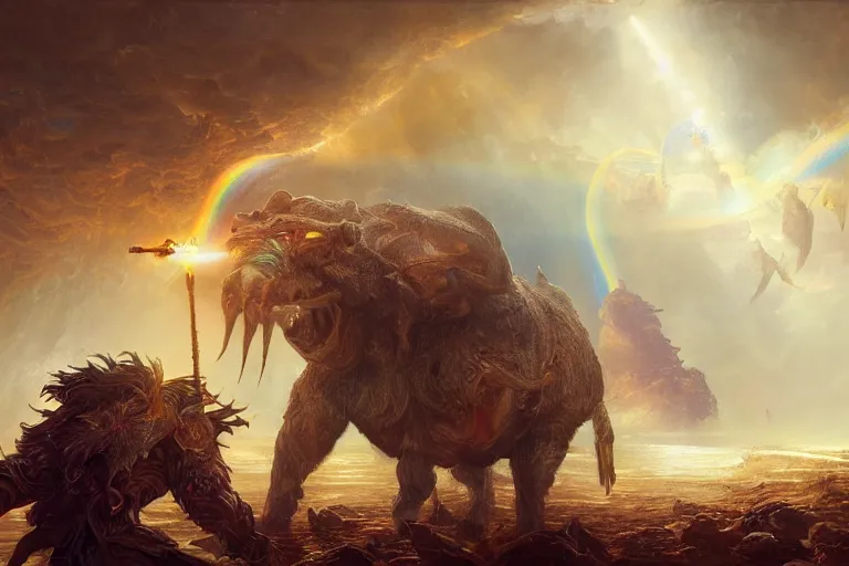 Prompt: ultra realist soft painting of desperate warriors facing a single innomable gigantic creature, very intricate details, deep fog, golden ratio, volumetric rainbow lighting, reflections, refractions, symmetry accurate anatomy features, omnious background, unreal render