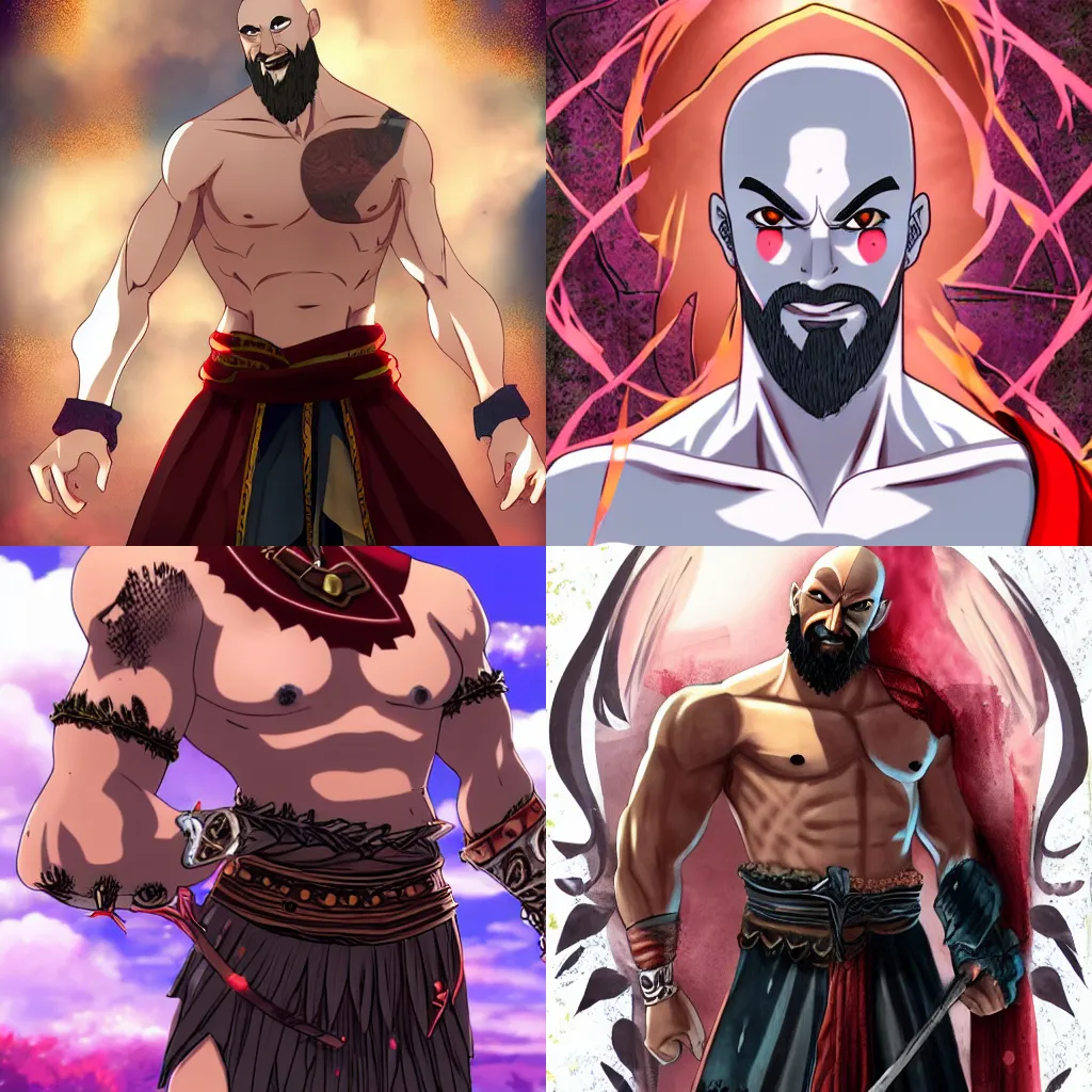 Prompt: kratos as a character in a visuel novel about dating gods, anime key art, kawaii, blushing, smiling