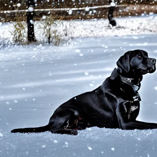 Prompt: photo realistic black lab in a winter wonderland, realistic, award winning, cinematic