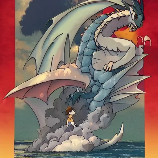 Image similar to a dragon battling with a tornado studio ghibli