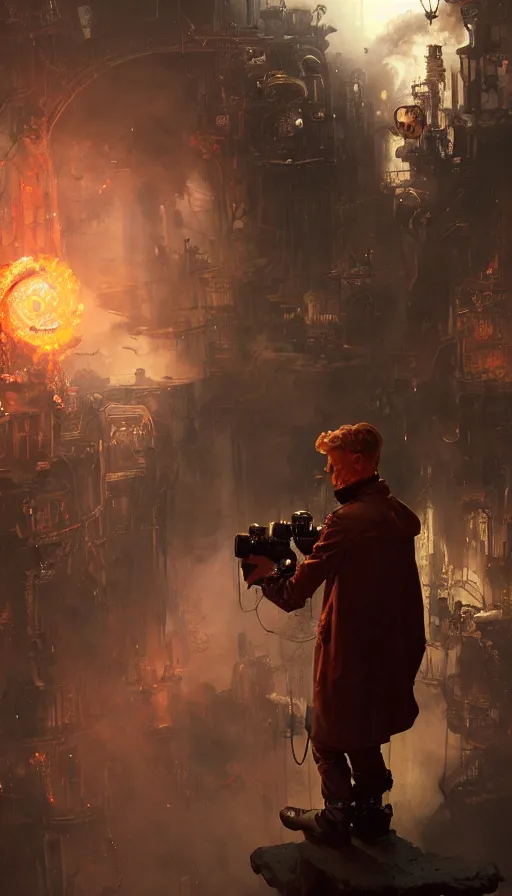 Image similar to hyper realistic photographer looking through camera towards viewer, magical, steampunk, hell boy, painted by mike mignola, craig mullins, j. c. 8 k