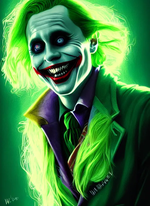 Image similar to portrait of jared leto as the joker, green hair, intricate, elegant, glowing lights, highly detailed, digital painting, artstation, concept art, sharp focus, illustration, art by wlop, mars ravelo and greg rutkowski