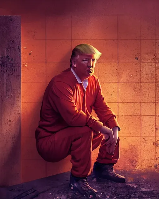 Image similar to a head and shoulders portrait of Donald trump wearing a orange jumpsuit, sitting on the floor of a filthy rat infested concrete jail, dimly lit, volumetric lighting, in jail by craig mullins and Annie Leibowitz, octane, 8k,