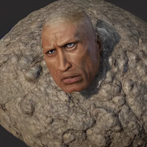 Image similar to dwayne johnson is a boulder rock made of stone, the thing from fantastic 4, octane render, 8 k cinematic still, highly detailed, sculpted in zbrush, textured in substance painter, featured on artstation