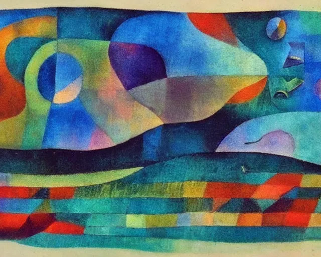 Prompt: Waves in the ocean. Sci-fi dreamworld. LSD. DMT. Paul Klee.