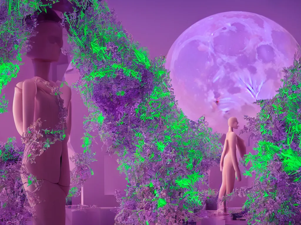 Image similar to beautiful mannequin sculpted out of amethyst by billelis + lit with 3 d geometric neon + facing a doorway opening with neon pink geometric fractal light + flowering hosta plants!!!, moon + city of los angeles in background!! dramatic, rule of thirds, award winning, 4 k, trending on artstation, photorealistic, volumetric lighting, octane render